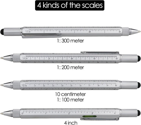 HeTaoCat Gifts Multi Tech Tool Pen 6 in 1 Stylus Pen - Screwdriver Pen with Ruler, Levelgauge, Ballpoint Pen (Silver)