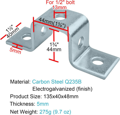 5 Hole U Shaped Strut Connector Bracket, Height 1-3/4", Width 1-1/2", Fit for 1/2" Bolt in 1-5/8" Strut Channel