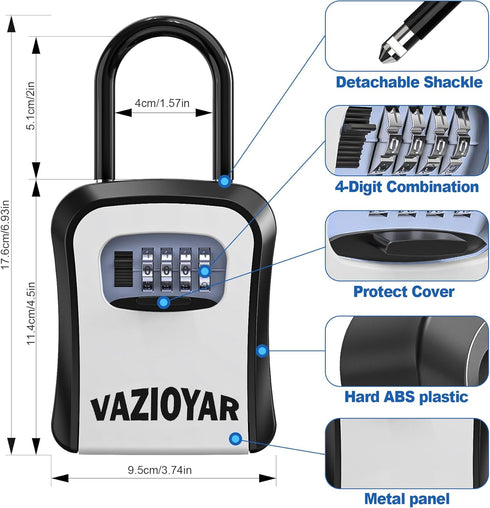 Key Lock Box for Outside, Portable Waterproof Wall Mounted 4-Digit Combination Key Storage Lockbox for Home