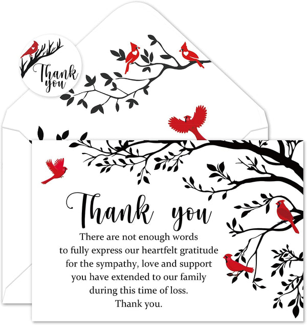 FYSUIMU 50Pcs Funeral Thank You Card Cardinal Bird Branch Sympathy Boxed Thank
