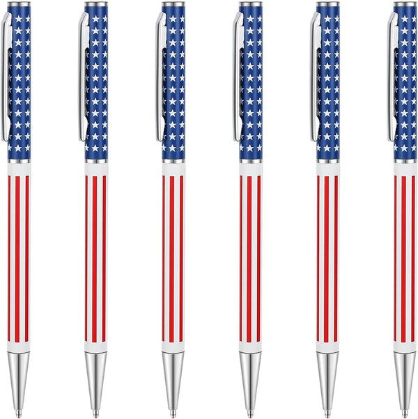 Unibene Slim Metal Retractable Ballpoint Pens, Bulk of 6 Count, Patriotic American Flag, Medium Point (1 mm Black Ink)