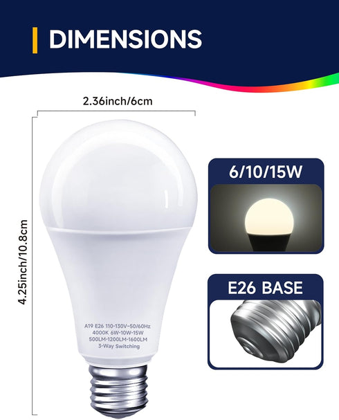 3 Way Light Bulbs, 3 Way LED Bulbs 30 70 100W Equivalent, Natural White 4000K A19 E26 Medium Base, 2 Pack for Lamps