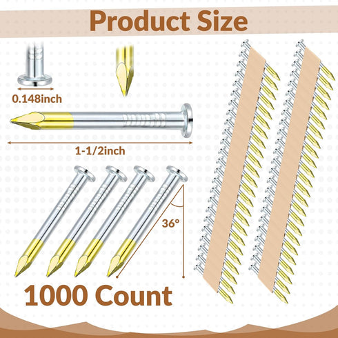 Hicarer 1000 Count Framing Nails, 1-1/2 x 0.148 Inch 36 Degree Galvanized Round Head Nails for Woodworking