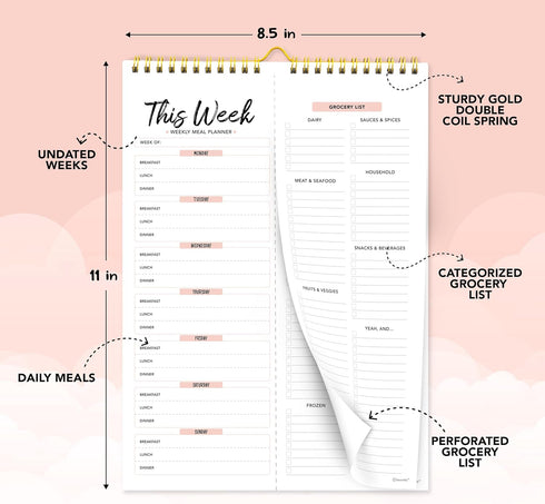 Decorably Weekly Meal Planner with Grocery List - 52 Tear-Off Sheets Refrigerator Meal Planner, 8.5x11in Magnetic
