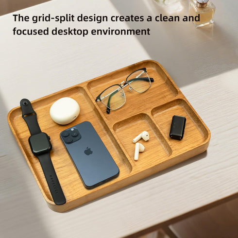 Oebberru 4 14x10x1'', Desk Drawer Organizer Tray Wooden Valet Trinket Catch All Key Nightstand Tray with Deep Dividers