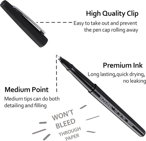 Black Felt Tip Pens, 32 Black Pens, 0.7mm Medium Point, Felt Tip Markers for Journaling, Note Taking, Art Supplies
