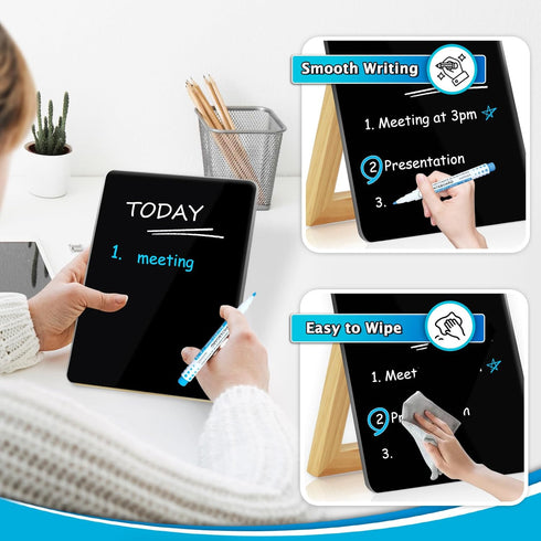 Desktop Black Glass Dry Erase Board, Small Whiteboard with Adjustable Wood Stand, 9.5" x 6.7" for Home Office