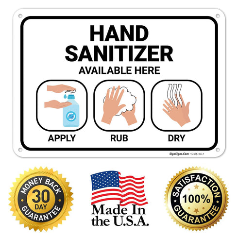 10x7 Inches, 55 Hand Sanitizer Available Here with Apply Rub and Dry Hands Graphic Sign, mil Thick HDPS (high Density