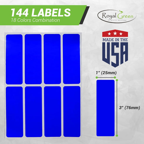 Royal Green Rectangular Coding Stickers, 18 Color Write on Labels, 1" x 3", 144-Pack for Organizing