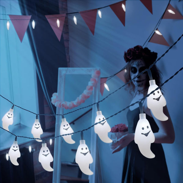 YOUNGAR Halloween Decor Lights - 2PACK 20ft 30 LED Solar Ghost String Lights with 8 Modes for Outdoor Decoration
