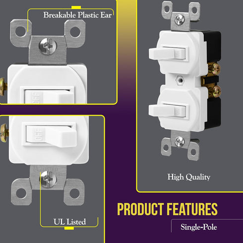 15A 120V, 82150-WWP, ENERLITES Duplex Double Toggle Light Switch with Wall Plate, Single Pole, Side Wiring, Copper Wire