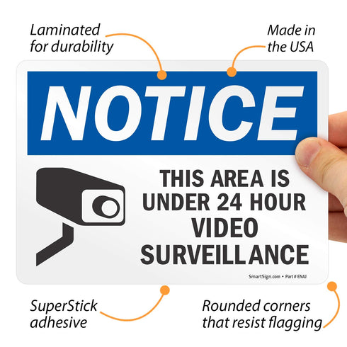 SmartSign (Pack of 4) 5 x 7 inch “Notice - This Area Is Under 24 Hour Video Surveillance” Sticker Labels, USA-Made