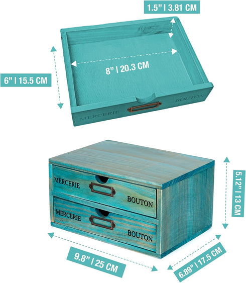 Turquoise 2-Tier Drawer Unit - European Country Style Desk Organizer Box - 9.7x7x5.1" Teal Wooden Stackable Drawers - Countertop Organizer Drawers w/Label Holder - Double File Drawer Unit by Woodaholic