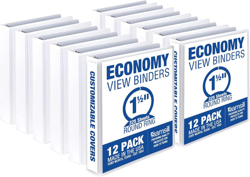 Samsill 1.5 Inch Economy 3 Ring Binder, Made in The USA, Customizable Clear View Cover, White, 12 Pack (MP128557)