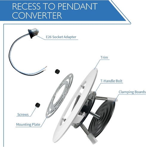5/6" 1 Pack Jolux Instant Recessed Can Light Conversion Kit, No Tool Needed, Can to Pendant, Ceiling & Hanging Light