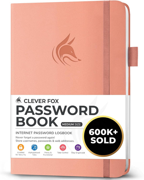 Clever Fox Password Book - Internet Address Organizer Logbook with Alphabetical Tabs - Medium Password Keeper (Peach