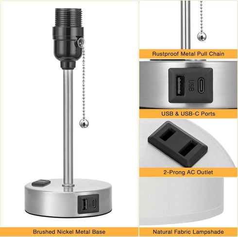 3 Dicoool Grey Bedroom Lamp for Nightstand - Color Temperature Table Lamp with USB C and A Ports, Pull Chain Bedside
