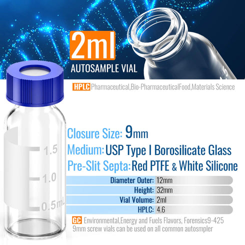 Autosampler Vials, 100 Pcs 2ml HPLC Sample Vials, Clear Glass Bottles with Write-on Spot and Graduations, 100 Pcs Blue