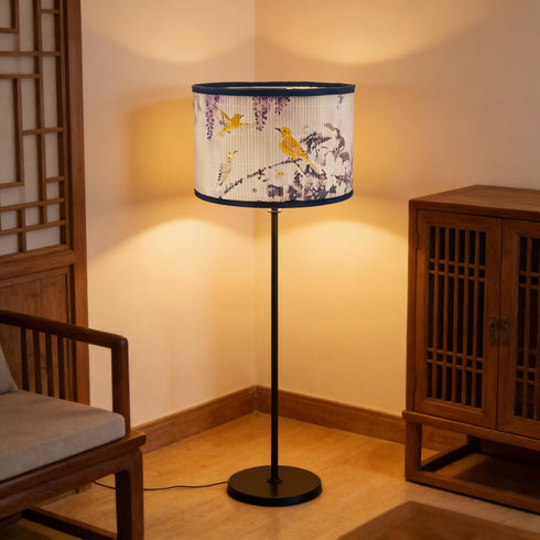 Alaviitsi 11.81x7.87 Inch E26/E27, Bamboo Drum Lamp Shade Vintage Rustic Floral Bird Pattern Purple, Lamp Shade