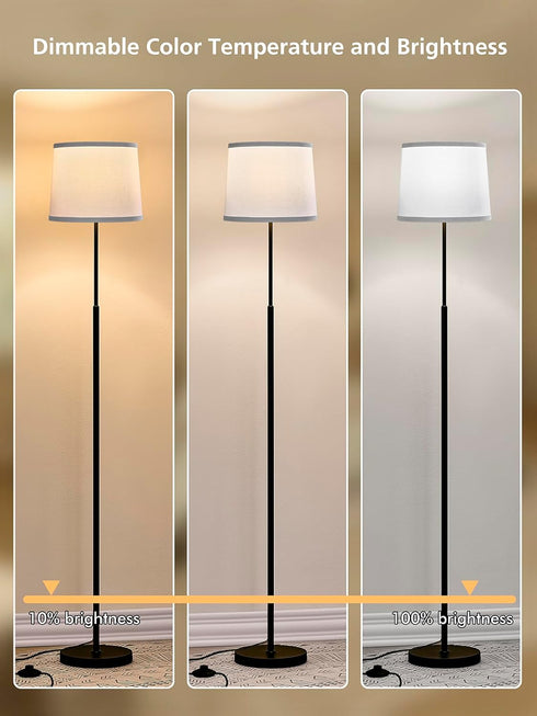 60" A19 9W 3000K-6000K 10%-100% Dimmable Bulb Modern Floor Lamp for Living Room Bedroom, Standing Lamp with White Linen