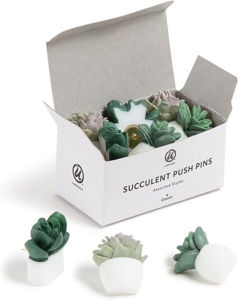 U Brands Succulent Push Pins Set, Office Supplies with Three Assorted Styles, 9 Count