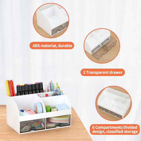 Office Desk Organizer with Drawers, Desktop Accessories Stationary Caddy for Pens, Business Cards & Sticky Notes (White)