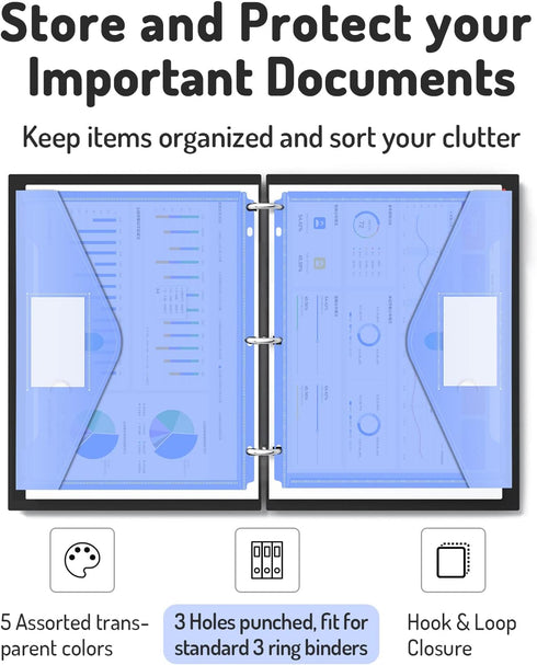 Forvencer Binder Pocket, 10 Pack Super Heavyweight Poly Binder Pocket with Hook and Loop Fasteners Closure, Binder Folders Side Loading, 3 Ring Binder Pocket, Letter Size, Assorted Colors by Forvencer