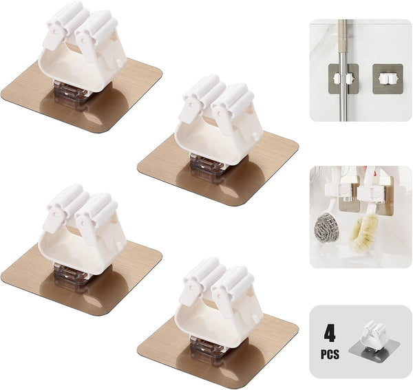 Self-Adhesive Mop Holder, Wall Mounted Broom Rack, Cleaning Tools Sticker Hook, No Drilling Anti-Slip Gadget (4pcs)