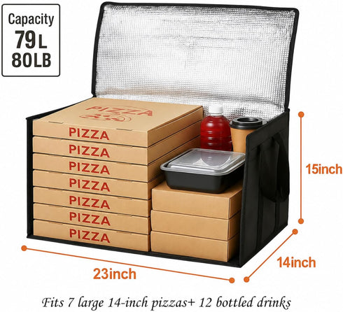 Commercial Frozen Cooler Insulated Food Delivery Bag & Drink Carrier with Hard Bottom, XXX-Large Pizza Bags for Food
