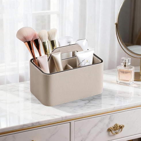 Caddy Organizer with Handle, PU Leather Remote Control Holder Desk Caddy, Portable Makeup Remote Organizer for Table