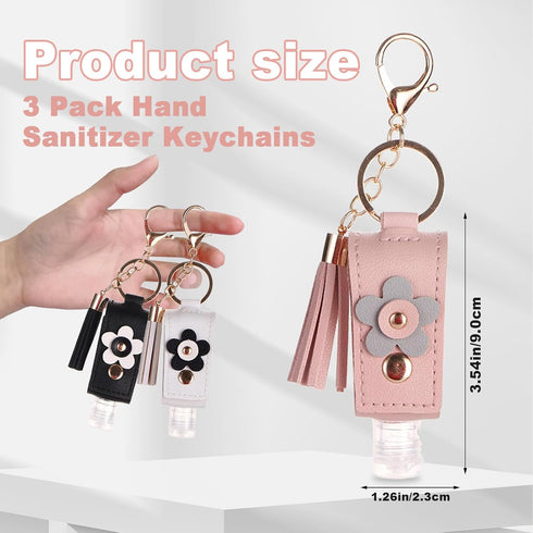 Wshxjzyay 3 30ml Pieces Small Hand Sanitizer Keychain, Portable Leather Hand Sanitizer Holder Travel Size for Lotion