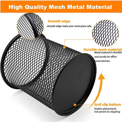 Pen Holder Mesh Pencil Holder, Metal Cup Organizer for Desk Office, Black, 4 Pack