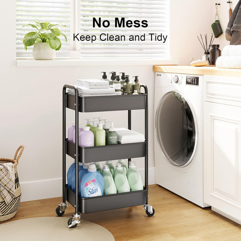 WBKATN 3 Tier Rolling Cart Metal, Black Carts with Lockable Wheels, Three Tiered Utility Trolley on Wheels, Sturdy Art