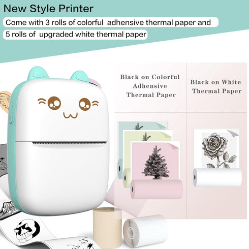 Mini Printer Portable, Inkless Sticker Printer with 8 Rolls Paper, Bluetooth Compatible with iOS + Android