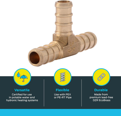 SharkBite 3/8 Inch Crimp Tee, Brass Plumbing Fitting for PEX Pipe, PE-RT, UC360LFA