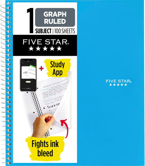 Five Star 1 Subject Spiral Notebook, Tidewater Blue, 100 Sheets, 8-1/2" x 11", Graph Ruled Paper, Water Resistant Cover
