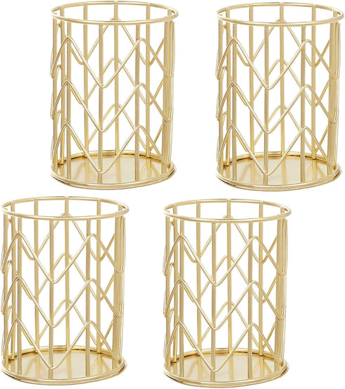 Yopay 4 Pack Pencil Cups, Round Wire Metal Pen Cups, Cylindrical Desktop Organizer for Office School Home, Golden,