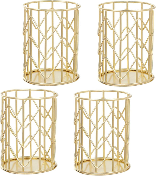 Yopay 4 Pack Pencil Cups, Round Wire Metal Pen Cups, Cylindrical Desktop Organizer for Office School Home, Golden,