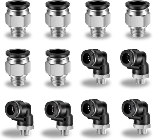 12 Pcs Push to Connect Fittings - 1/2 Inch Tube OD x 1/4 Inch NPT Thread Pneumatic Male Straight and Elbow Air Line