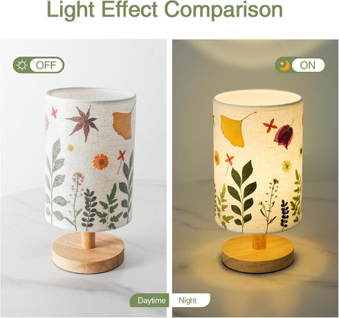 5W 3Color Pressed Flowers Table Lamp LED Temperatures Dried Flower Bedside Lamp Linen Shade with Wood Base for Bedroom