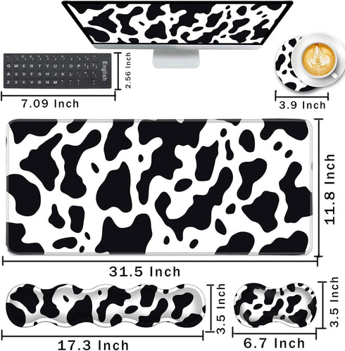 Keyboard Wrist Rest and Mouse Pad Set, Ergonomic Coaster with Memory Foam, Large XL Desk Mat (Cute Cow Print)