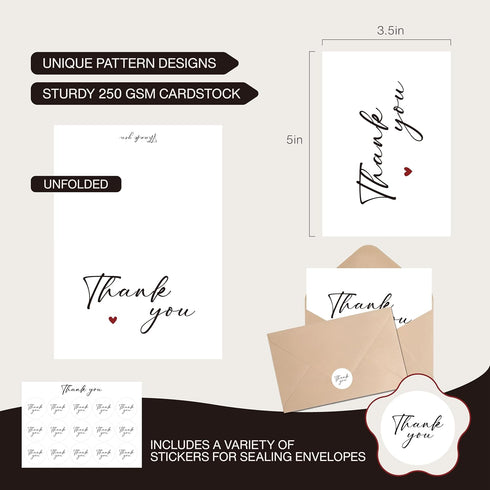 XISHIUYIS 24 Pack Set, (3.5x5in) Thank You Cards with Envelopes - Heart Design Thank You Notes with Envelopes Small