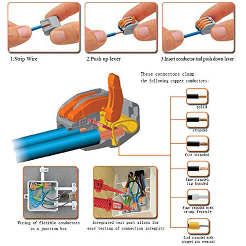 Lever Wire Connectors, Compact Splicing Electrical Connectors, 2 Conductor for Quick Connect, 60 Pack