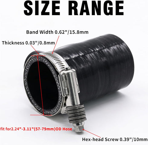 2 Pack Heavy Duty Worm Hose Clamp, Adjustable Range 2 1/4"-3 1/8" (57-79mm) 304 Stainless Steel Worm Gear Drive Hose Clamps for Water Pipe, Plumbing, Automotive and Mechanical Application