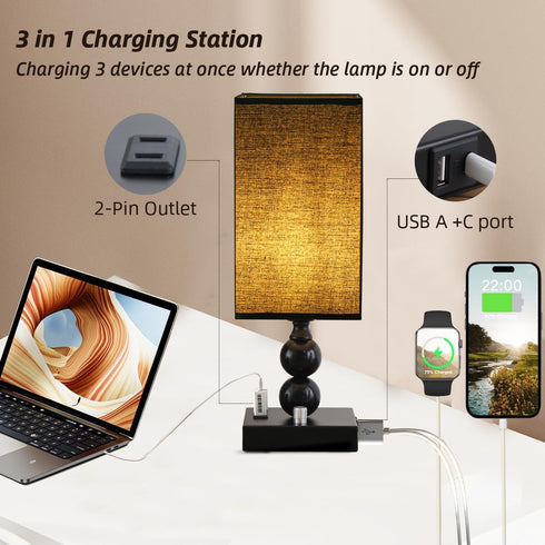 Dimmable Bulb Bedside Table lamp with Charging Station, Small end Desk Nightstand Lamps with USB Ports and outlets