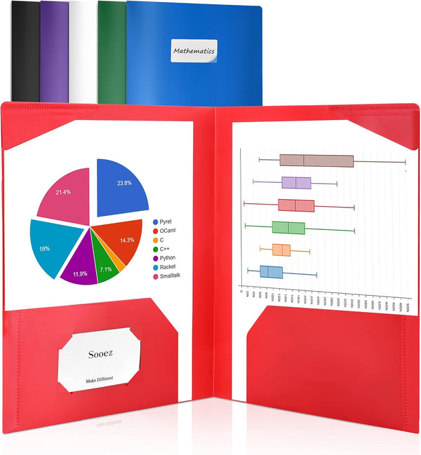 Sooez 6 Pack Heavy Duty Plastic Folders with Pockets, 2 Pockets Folder, Classic Colors for Back to School