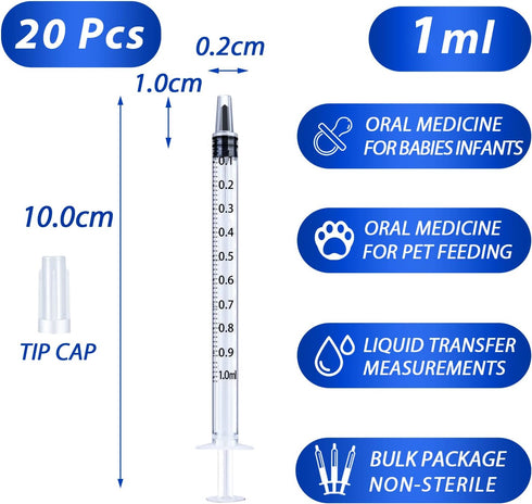 20 Pack 1ml Syringe with Cap for Liquid, 1cc Plastic Small Syringes with Cover, Non-Sterile, No Needle