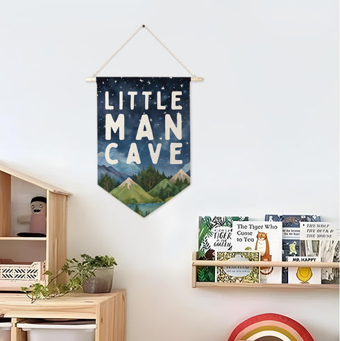 ArtisaEura Little Man Cave Wall Canvas Banners, Mountain Nursery Decor, Woodland Mountain Landscape Hanging Display