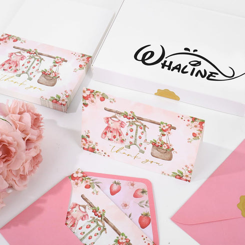 50 4 6 Inch Whaline Pcs Strawberry Baby Shower Thank You Cards with Envelopes Stickers Bulk Cute Clothes Pink Blank