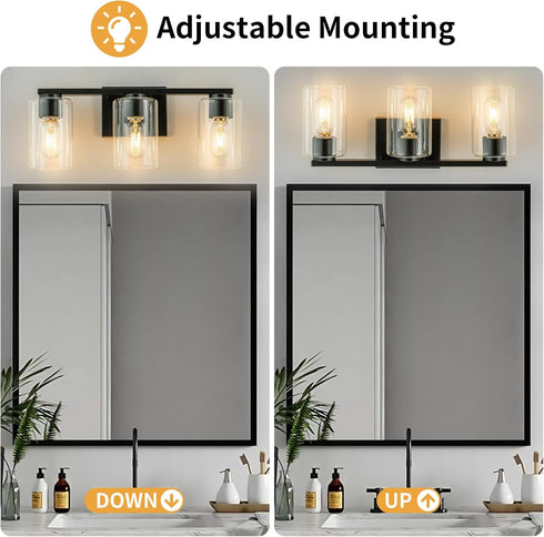3 E26 WILON Vanity Light Bathroom, Light Black Modern Vanity Lights with Clear Glass Wall Sconces with Clear Glass